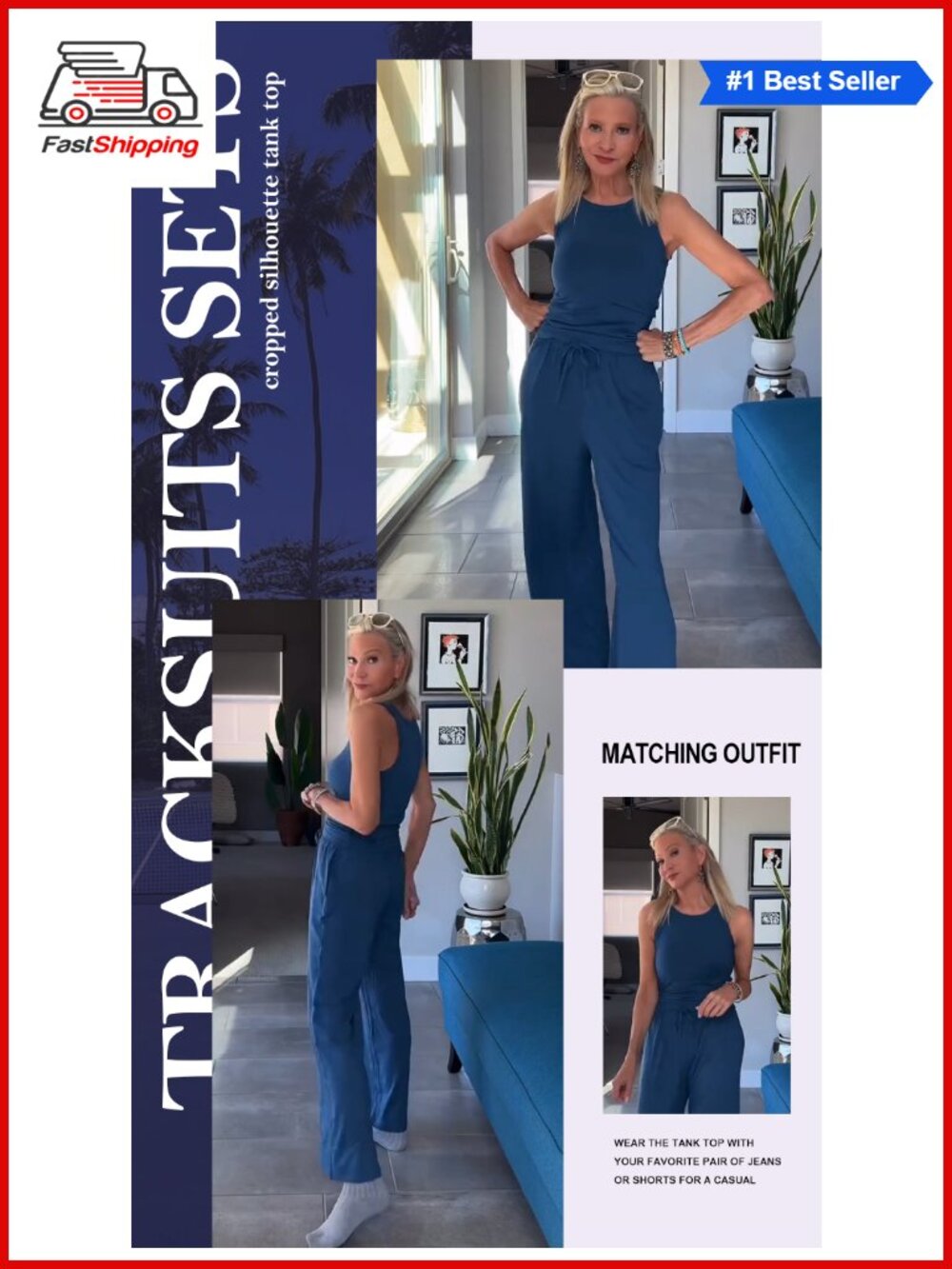 ✨Darong 2 Piece Summer Outfit Sleeveless Racerback Crop Tank Wide Leg Pant - Picture 6 of 6